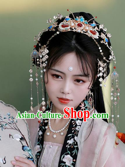 Chinese Ancient Palace Lady Pearls Tassel Hairpin Traditional Ming Dynasty Blueing Hair Crown