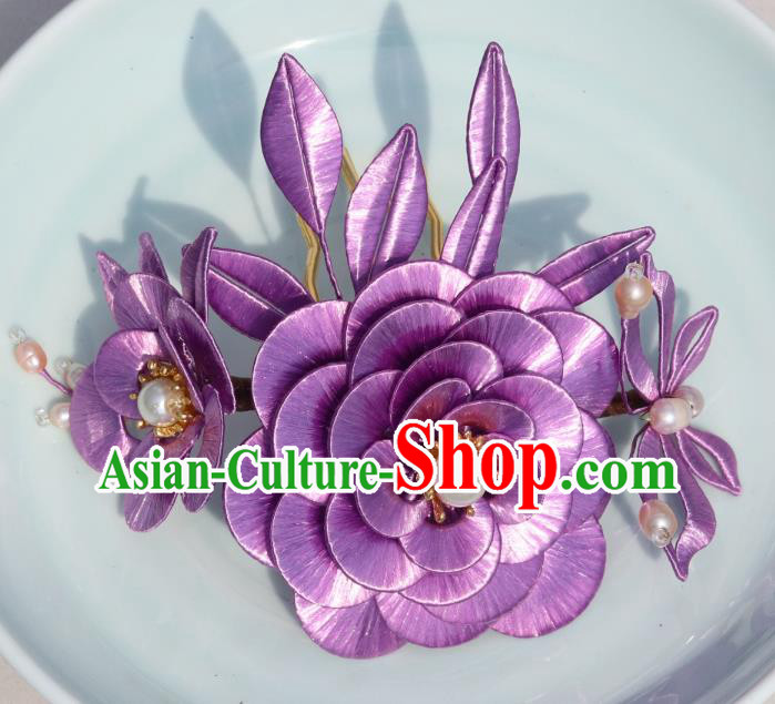 Chinese Traditional Hanfu Pearls Hair Comb Ancient Princess Lilac Camellia Hairpin