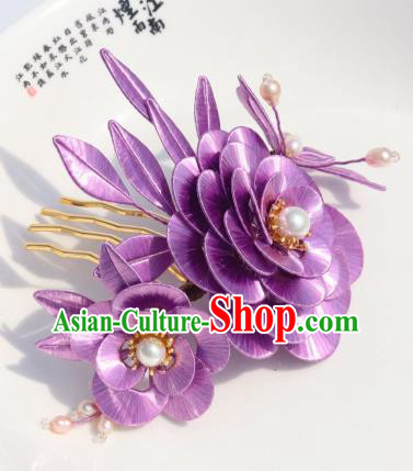 Chinese Traditional Hanfu Pearls Hair Comb Ancient Princess Lilac Camellia Hairpin
