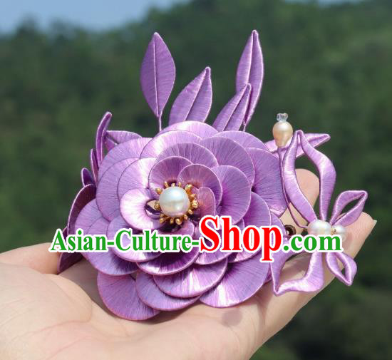 Chinese Traditional Hanfu Pearls Hair Comb Ancient Princess Lilac Camellia Hairpin