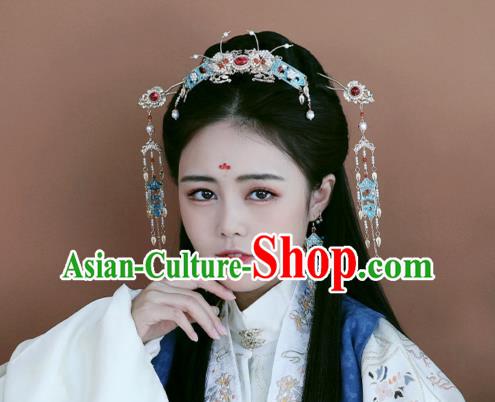 Chinese Ancient Princess Tassel Hairpins Traditional Ming Dynasty Cloisonne Hair Accessories Full Set