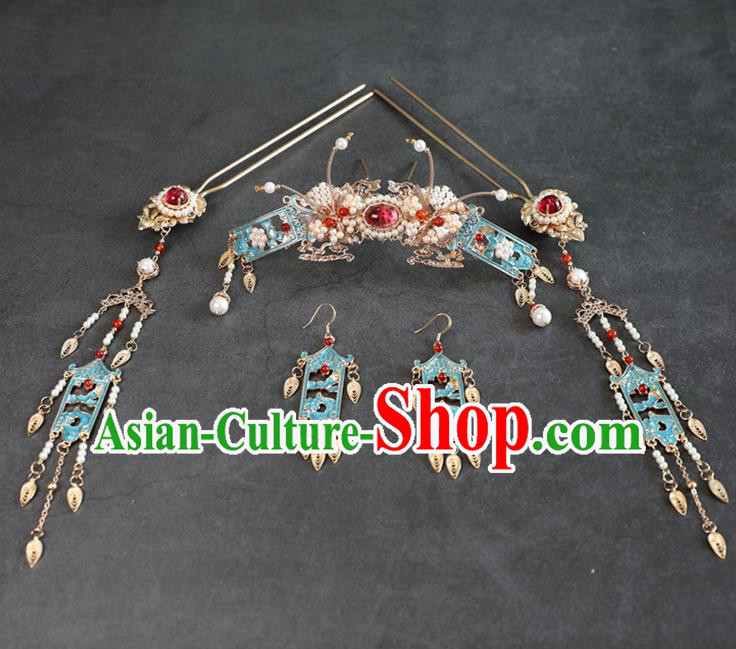 Chinese Ancient Princess Tassel Hairpins Traditional Ming Dynasty Cloisonne Hair Accessories Full Set