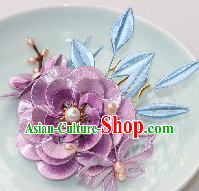 Chinese Ancient Princess Lilac Silk Camellia Hairpin Traditional Hanfu Pearls Hair Comb