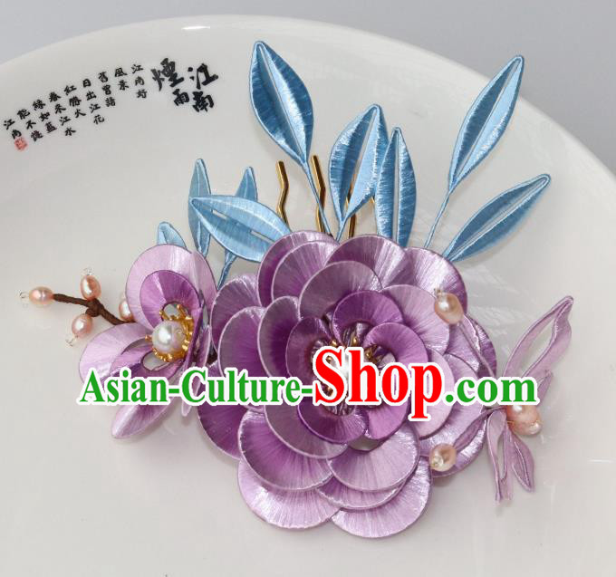 Chinese Ancient Princess Lilac Silk Camellia Hairpin Traditional Hanfu Pearls Hair Comb
