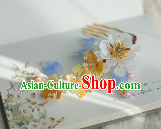 Chinese Handmade Classical White Flower Hair Comb Ancient Ming Dynasty Princess Shell Pearls Hairpin