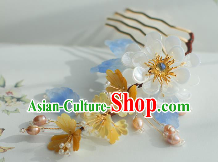 Chinese Handmade Classical White Flower Hair Comb Ancient Ming Dynasty Princess Shell Pearls Hairpin