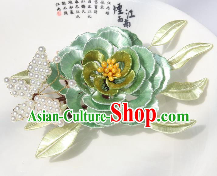 Chinese Ancient Princess Green Silk Camellia Hairpin Traditional Hanfu Pearls Butterfly Hair Comb