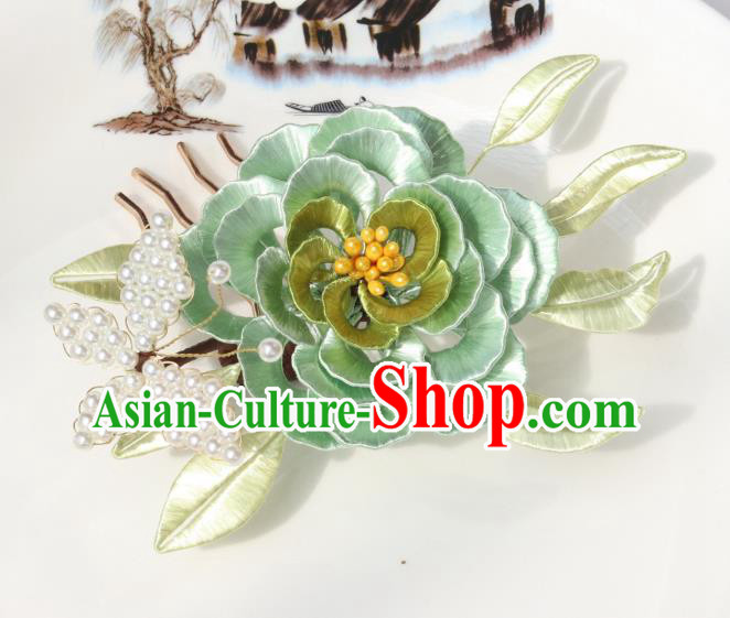 Chinese Ancient Princess Green Silk Camellia Hairpin Traditional Hanfu Pearls Butterfly Hair Comb