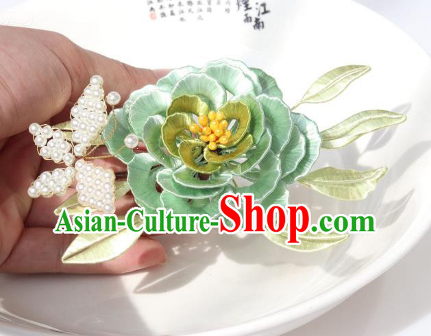 Chinese Ancient Princess Green Silk Camellia Hairpin Traditional Hanfu Pearls Butterfly Hair Comb