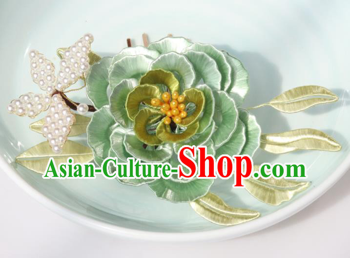 Chinese Ancient Princess Green Silk Camellia Hairpin Traditional Hanfu Pearls Butterfly Hair Comb