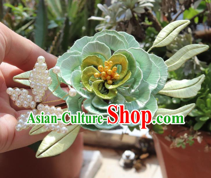 Chinese Ancient Princess Green Silk Camellia Hairpin Traditional Hanfu Pearls Butterfly Hair Comb