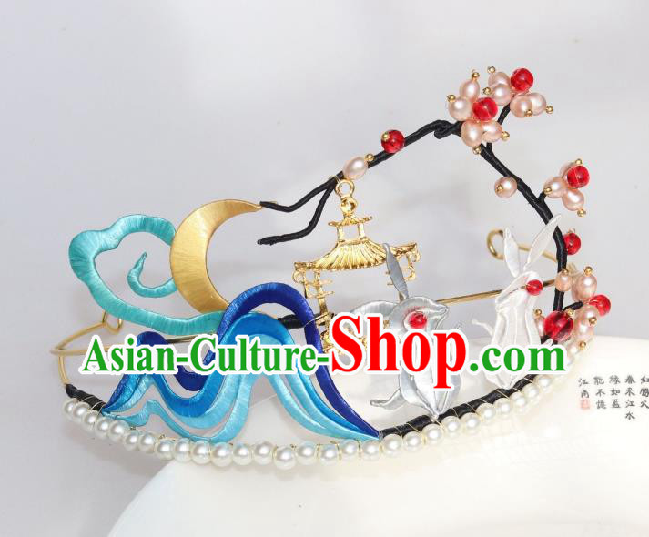 Chinese Ancient Princess Pearls Hair Clasp Traditional Song Dynasty Silk Moon Rabbit Hair Crown