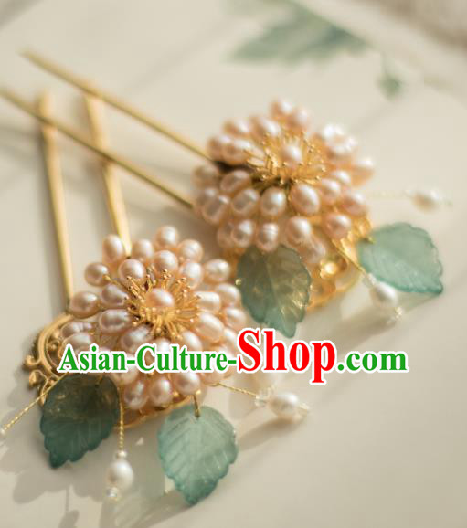 Chinese Handmade Pearls Chrysanthemum Hair Stick Ancient Ming Dynasty Princess Hairpin