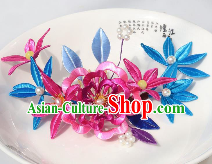 Chinese Ancient Princess Rosy Silk Peony Hairpin Traditional Hanfu Pearls Hair Comb