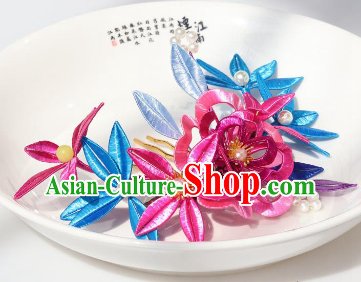 Chinese Ancient Princess Rosy Silk Peony Hairpin Traditional Hanfu Pearls Hair Comb