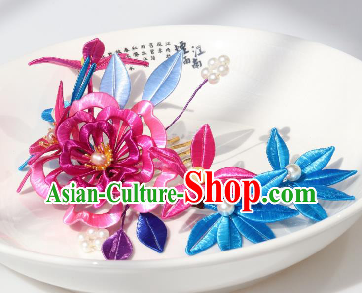 Chinese Ancient Princess Rosy Silk Peony Hairpin Traditional Hanfu Pearls Hair Comb