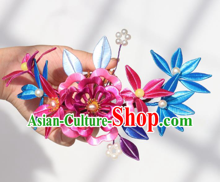 Chinese Ancient Princess Rosy Silk Peony Hairpin Traditional Hanfu Pearls Hair Comb