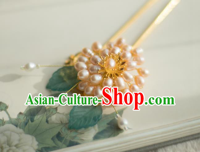 Chinese Handmade Pearls Chrysanthemum Hair Stick Ancient Ming Dynasty Princess Hairpin