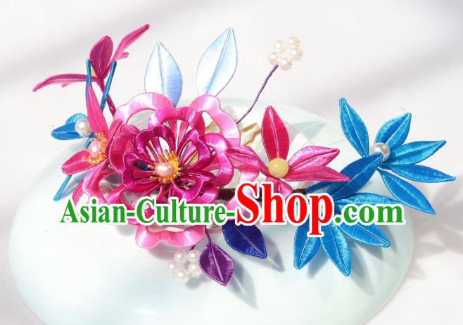 Chinese Ancient Princess Rosy Silk Peony Hairpin Traditional Hanfu Pearls Hair Comb