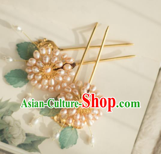 Chinese Handmade Pearls Chrysanthemum Hair Stick Ancient Ming Dynasty Princess Hairpin