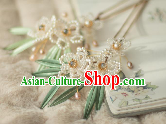 Chinese Handmade Beads Plum Blossom Hair Stick Ancient Ming Dynasty Princess Pearls Hairpin