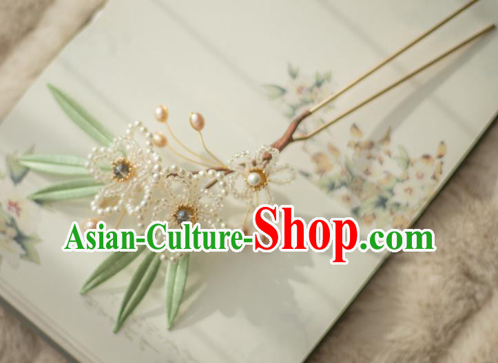 Chinese Handmade Beads Plum Blossom Hair Stick Ancient Ming Dynasty Princess Pearls Hairpin