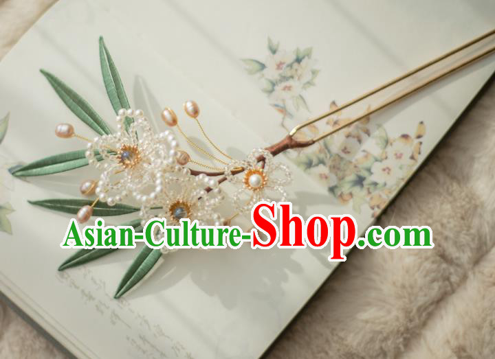 Chinese Handmade Beads Plum Blossom Hair Stick Ancient Ming Dynasty Princess Pearls Hairpin