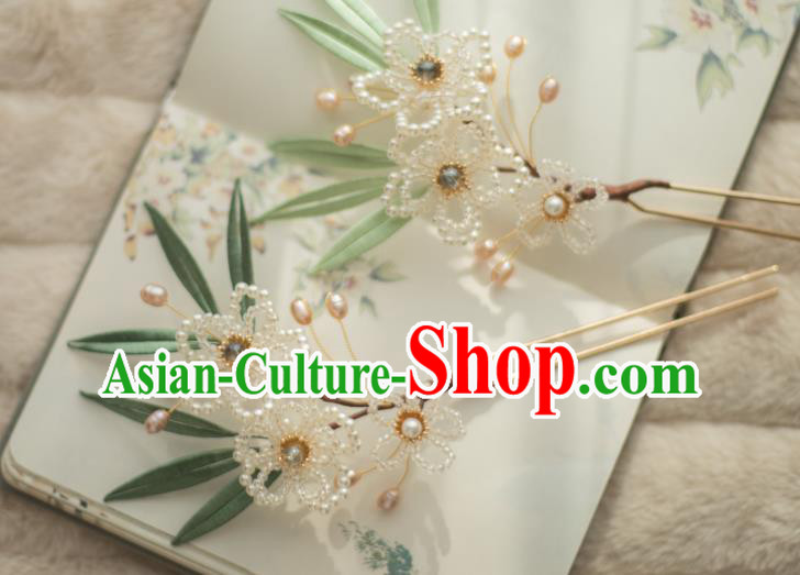 Chinese Handmade Beads Plum Blossom Hair Stick Ancient Ming Dynasty Princess Pearls Hairpin