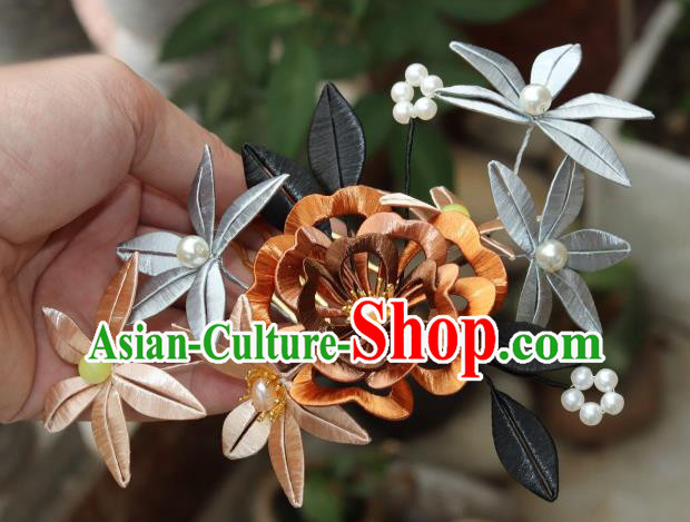 Chinese Traditional Hanfu Song Dynasty Hair Comb Ancient Princess Brown Silk Peony Hairpin