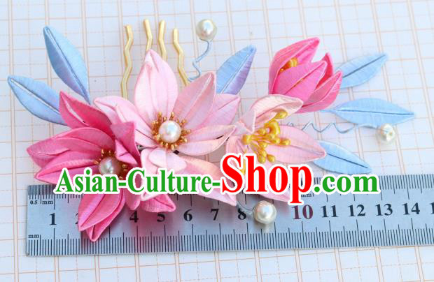 Chinese Traditional Song Dynasty Palace Lady Hair Comb Ancient Princess Pink Silk Epiphyllum Hairpin