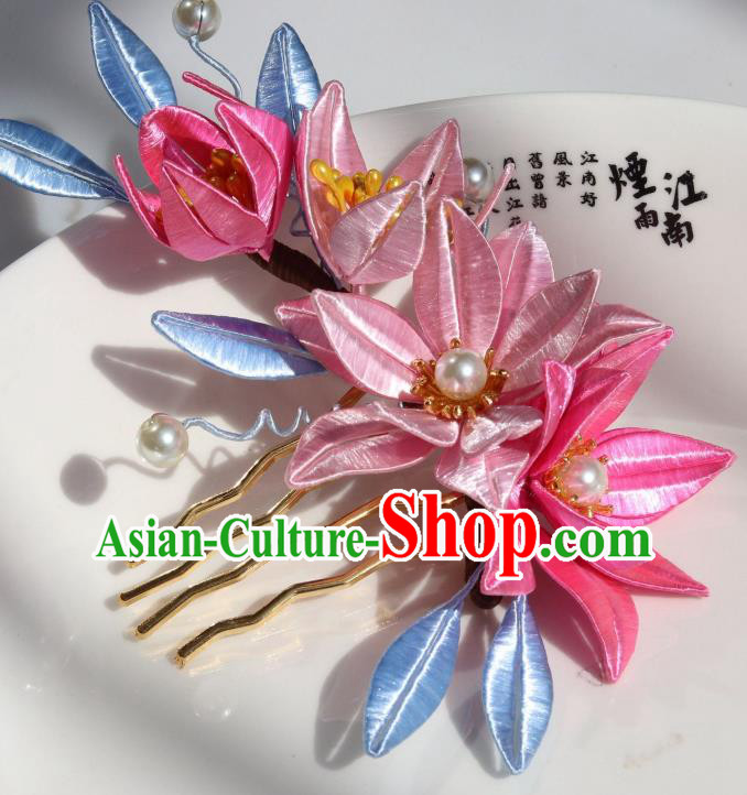 Chinese Traditional Song Dynasty Palace Lady Hair Comb Ancient Princess Pink Silk Epiphyllum Hairpin