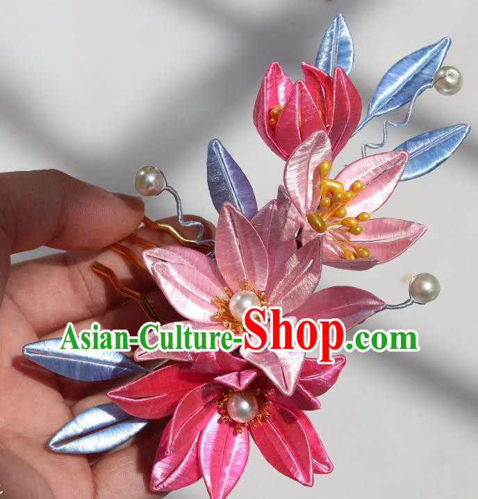 Chinese Traditional Song Dynasty Palace Lady Hair Comb Ancient Princess Pink Silk Epiphyllum Hairpin