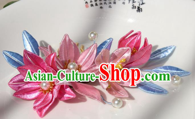 Chinese Traditional Song Dynasty Palace Lady Hair Comb Ancient Princess Pink Silk Epiphyllum Hairpin
