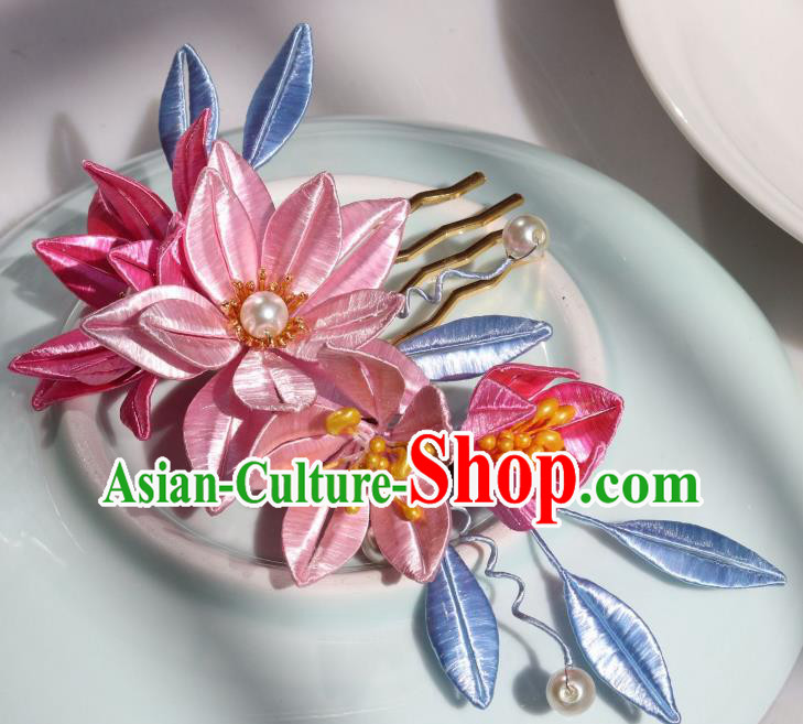 Chinese Traditional Song Dynasty Palace Lady Hair Comb Ancient Princess Pink Silk Epiphyllum Hairpin