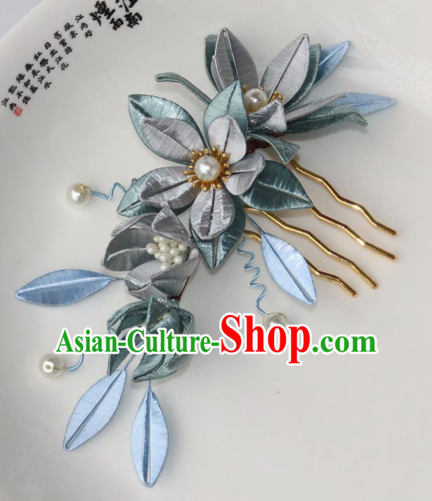 Chinese Ancient Palace Princess Pearls Hairpin Traditional Song Dynasty Grey Silk Flowers Hair Comb