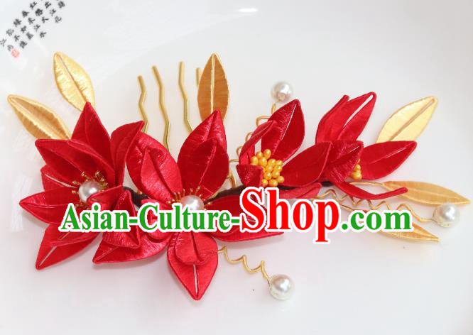 Chinese Ancient Bride Pearls Hairpin Traditional Song Dynasty Red Silk Lily Flowers Hair Comb