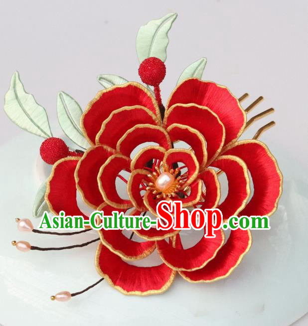 Chinese Ancient Empress Hairpin Traditional Song Dynasty Wedding Red Peony Hair Comb