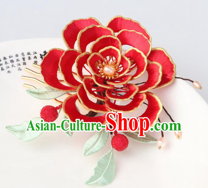 Chinese Ancient Empress Hairpin Traditional Song Dynasty Wedding Red Peony Hair Comb