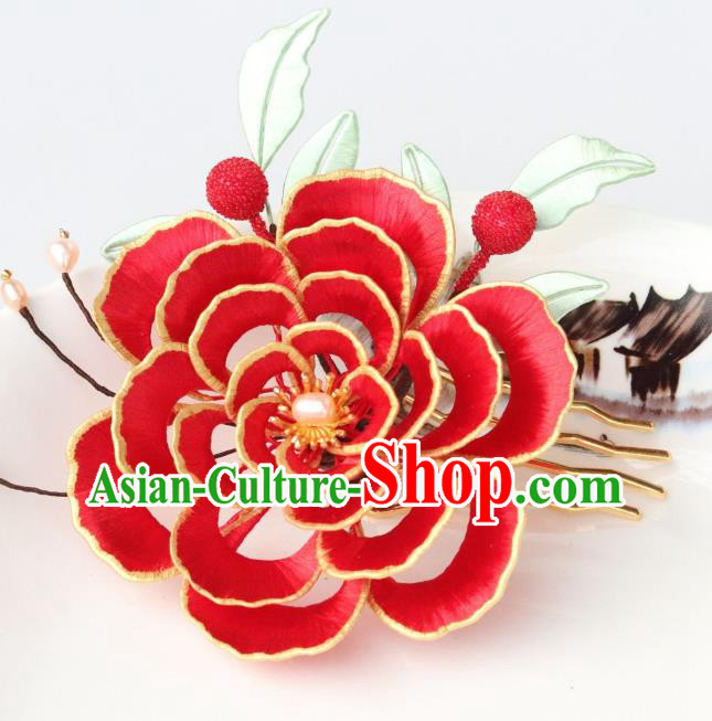 Chinese Ancient Empress Hairpin Traditional Song Dynasty Wedding Red Peony Hair Comb