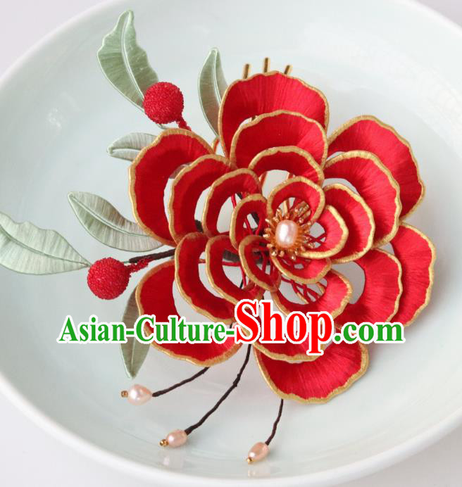 Chinese Ancient Empress Hairpin Traditional Song Dynasty Wedding Red Peony Hair Comb