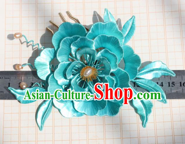Chinese Ancient Court Princess Hairpin Traditional Ming Dynasty Blue Silk Peony Hair Comb Headpiece