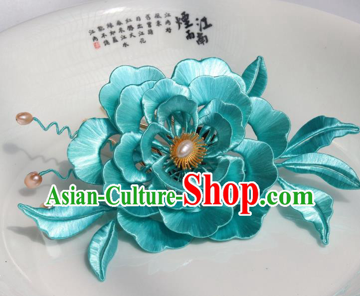 Chinese Ancient Court Princess Hairpin Traditional Ming Dynasty Blue Silk Peony Hair Comb Headpiece