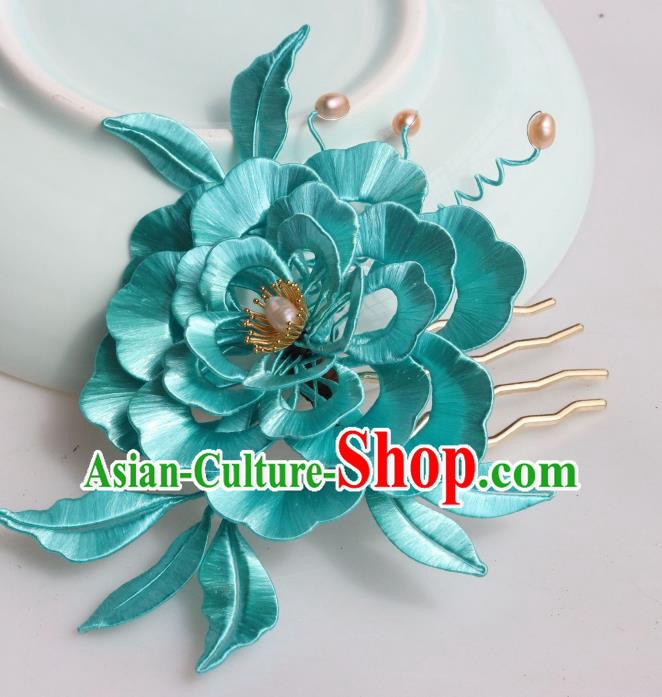 Chinese Ancient Court Princess Hairpin Traditional Ming Dynasty Blue Silk Peony Hair Comb Headpiece