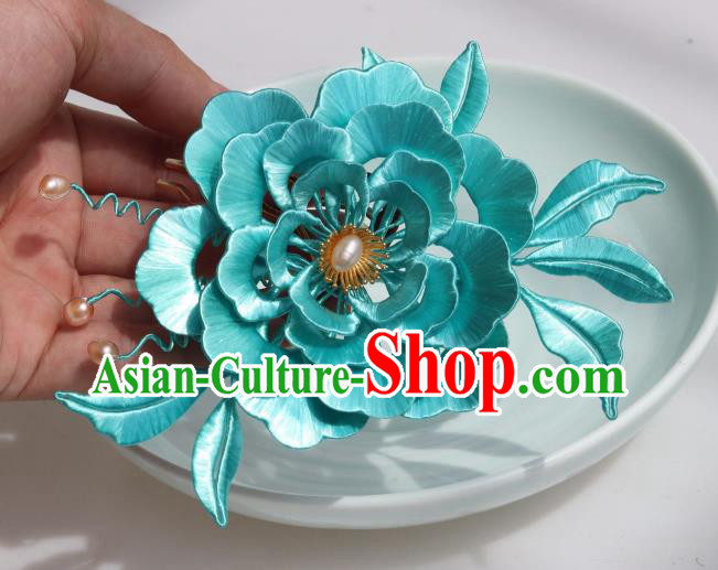 Chinese Ancient Court Princess Hairpin Traditional Ming Dynasty Blue Silk Peony Hair Comb Headpiece