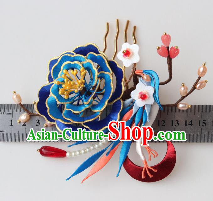 Chinese Ancient Palace Lady Plum Hair Stick Traditional Ming Dynasty Royalblue Silk Peony Hair Comb