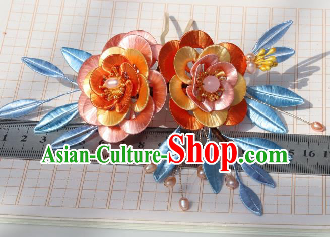 Chinese Traditional Song Dynasty Orange Silk Camellia Hair Comb Headwear Ancient Palace Princess Hairpin