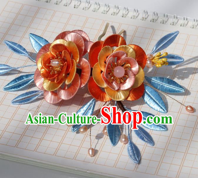 Chinese Traditional Song Dynasty Orange Silk Camellia Hair Comb Headwear Ancient Palace Princess Hairpin