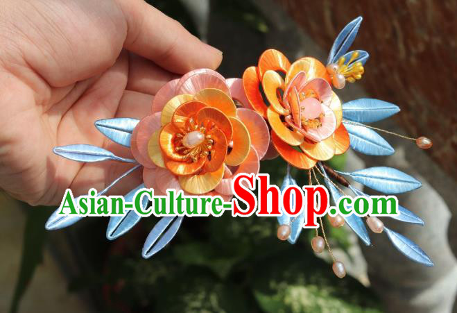 Chinese Traditional Song Dynasty Orange Silk Camellia Hair Comb Headwear Ancient Palace Princess Hairpin