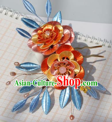 Chinese Traditional Song Dynasty Orange Silk Camellia Hair Comb Headwear Ancient Palace Princess Hairpin