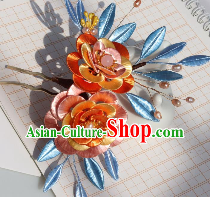 Chinese Traditional Song Dynasty Orange Silk Camellia Hair Comb Headwear Ancient Palace Princess Hairpin